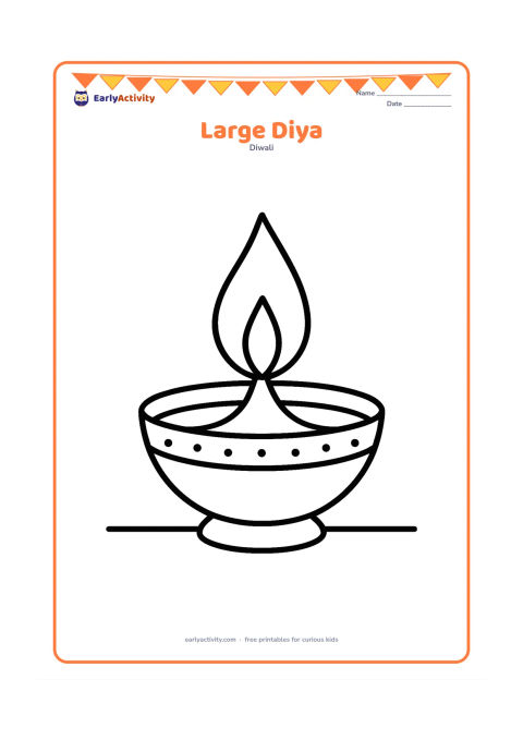 Colouring page: Draw one large traditional diya with a rounded bowl, wide flame, and a few simple decorative dots around the rim. Place it centered on a plain ground line with plenty of open space.