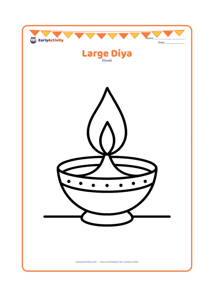 Colouring page: Draw one large traditional diya with a rounded bowl, wide flame, and a few simple decorative dots around the rim. Place it centered on a plain ground line with plenty of open space.