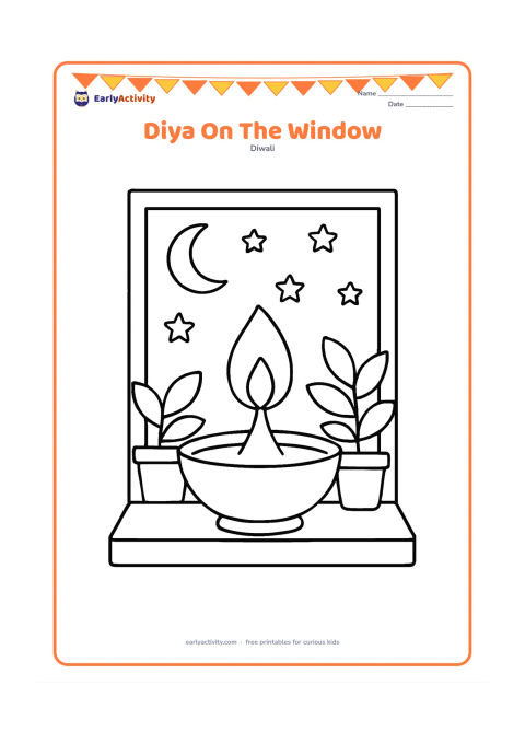 Colouring page: At early evening, a large diya glows on a wide windowsill with simple stars and a crescent moon outside. Add two potted plants with broad leaves.