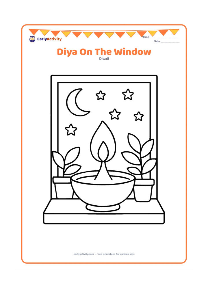 Colouring page: At early evening, a large diya glows on a wide windowsill with simple stars and a crescent moon outside. Add two potted plants with broad leaves.