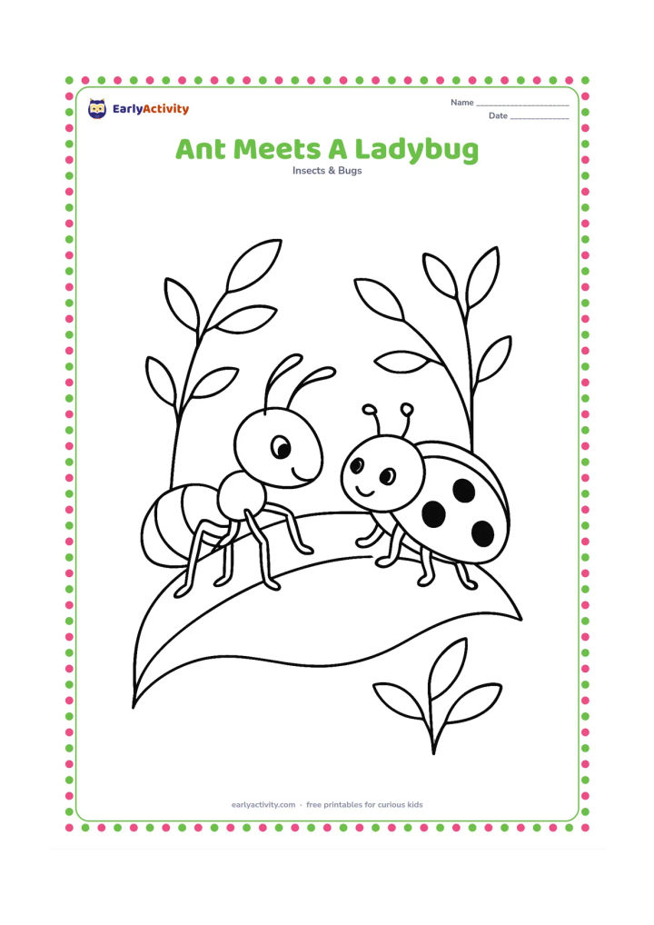 Colouring page: Draw an ant and a friendly ladybug facing each other on a broad garden leaf, with a few curved stems and small leaves behind them. Show both insects clearly, including the ant's feelers…