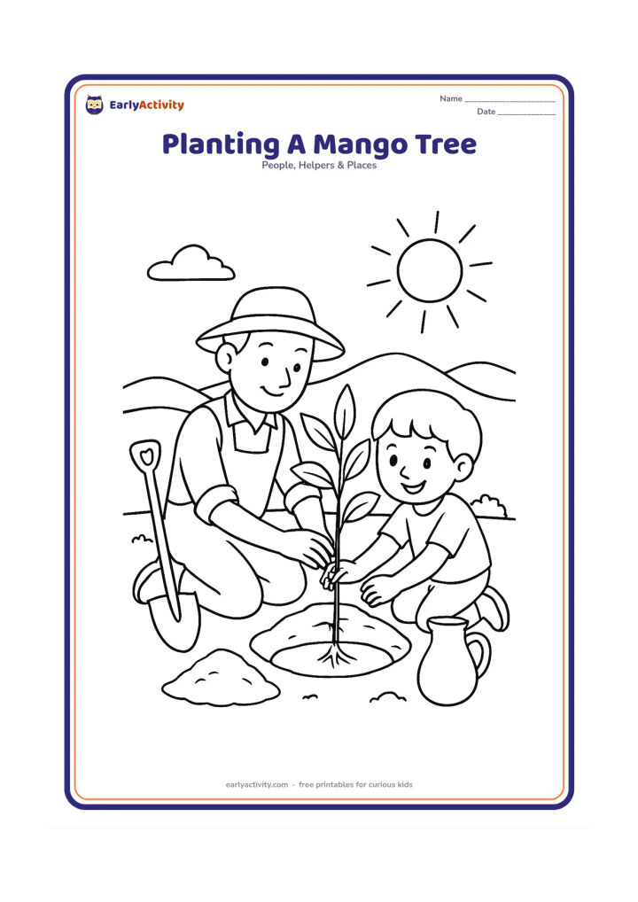Colouring page: A farmer and a child place a young mango tree into a round hole in the soil. Show a spade, a water pot, two small mounds of earth, and a sunny rural background.