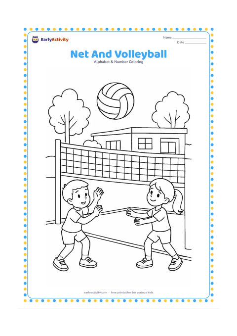 Colouring page: Draw a volleyball rising above a tall net on an outdoor court while two children prepare to play on opposite sides. Add court boundary lines, trees, and a low school building in the…