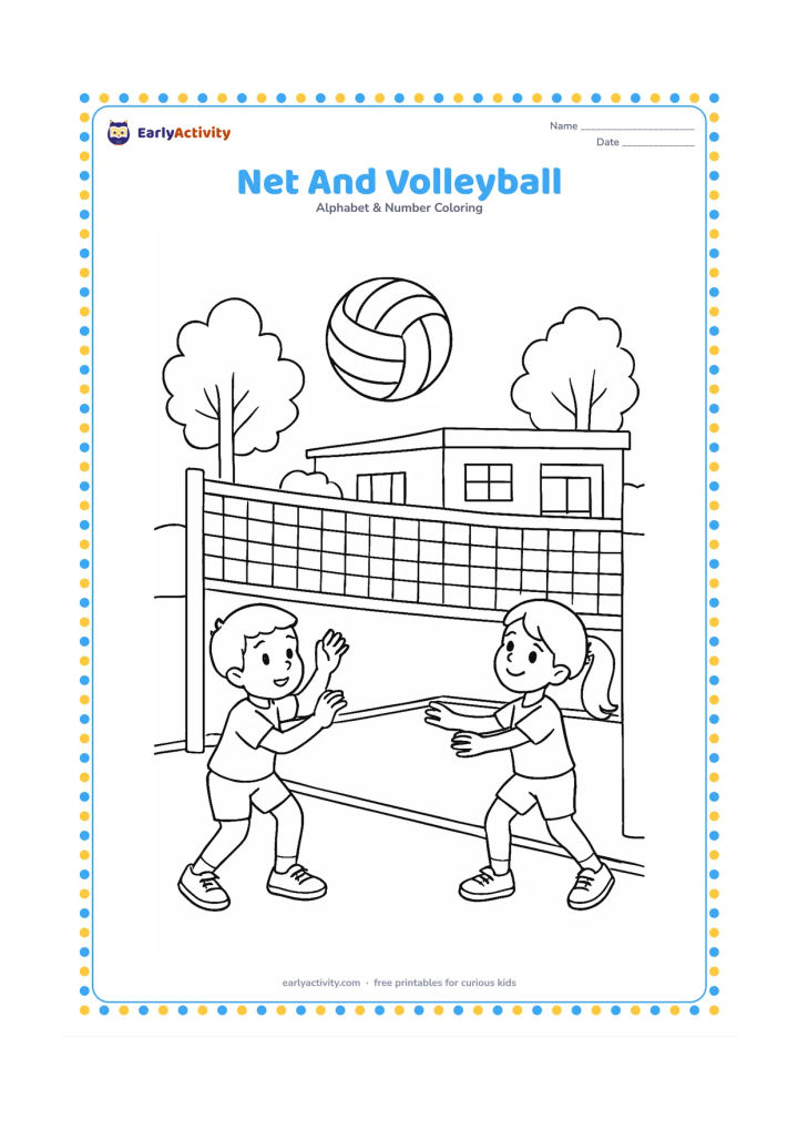 Colouring page: Draw a volleyball rising above a tall net on an outdoor court while two children prepare to play on opposite sides. Add court boundary lines, trees, and a low school building in the…