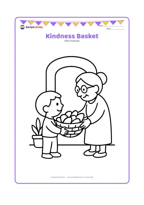 Colouring page: Draw a child holding a large basket of bread or fruit toward an older neighbour, with a simple doorway and two potted plants behind them. Make the exchange the central focus.