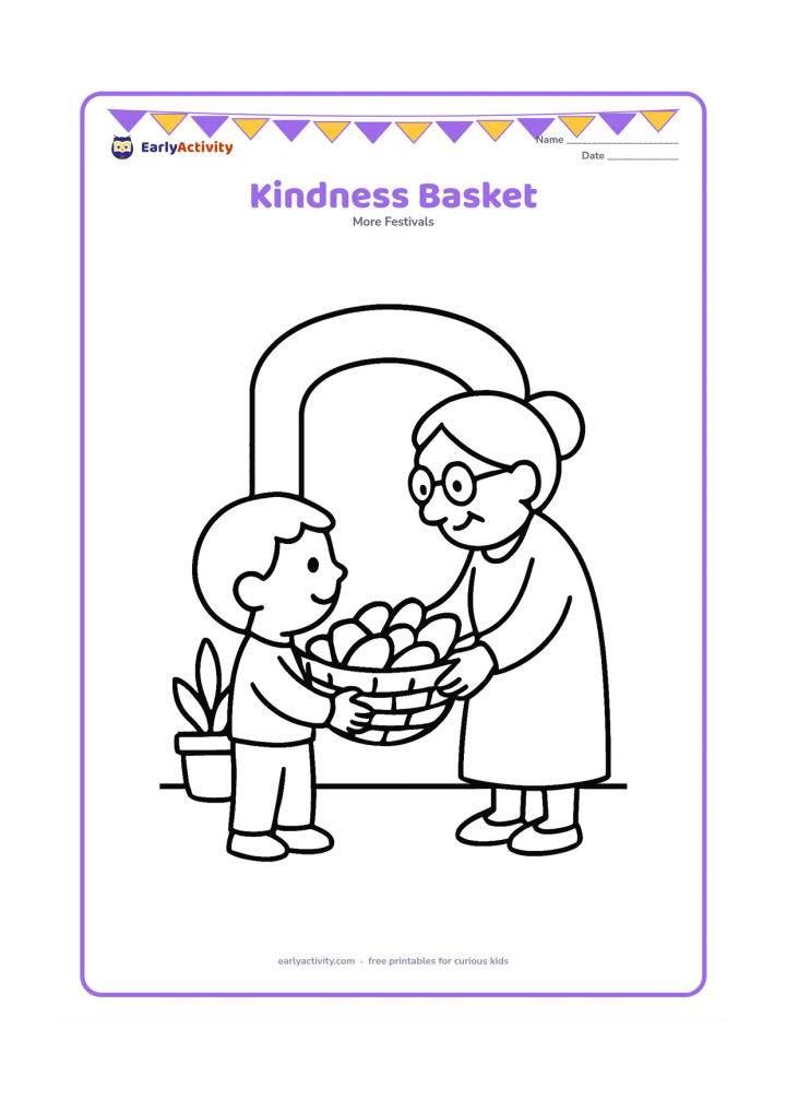 Colouring page: Draw a child holding a large basket of bread or fruit toward an older neighbour, with a simple doorway and two potted plants behind them. Make the exchange the central focus.