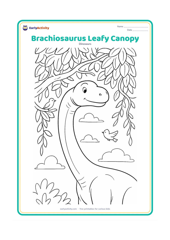 Colouring page: A close view shows the head and very long neck of a friendly brachiosaurus reaching into a high canopy of overlapping leaves. Include twisting branches, hanging vines, small birds,…