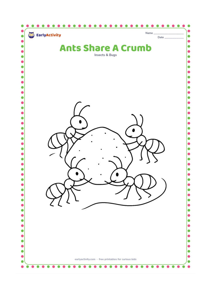 Colouring page: Four ants work together to pull a large crumb across the ground. Show their legs and feelers clearly, with a curved trail behind them.