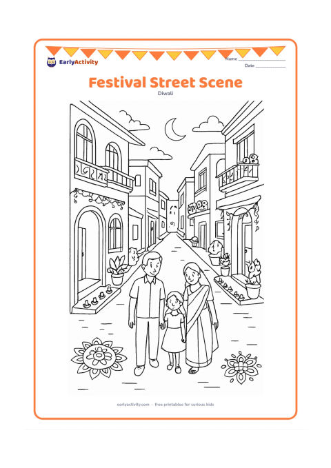 Colouring page: Draw a quiet Indian residential street at dusk with decorated home entrances, balconies, potted plants, rangoli designs, and small rows of diyas along several thresholds. Include a…