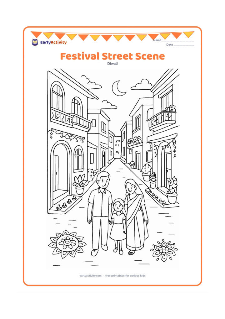 Colouring page: Draw a quiet Indian residential street at dusk with decorated home entrances, balconies, potted plants, rangoli designs, and small rows of diyas along several thresholds. Include a…