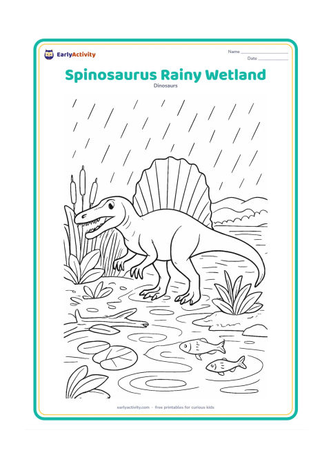 Colouring page: A Spinosaurus moves through a wetland during a gentle rain, with its sail rising behind a curtain of reeds. Include puddles, overlapping water rings, broad-leaved plants, a fallen…