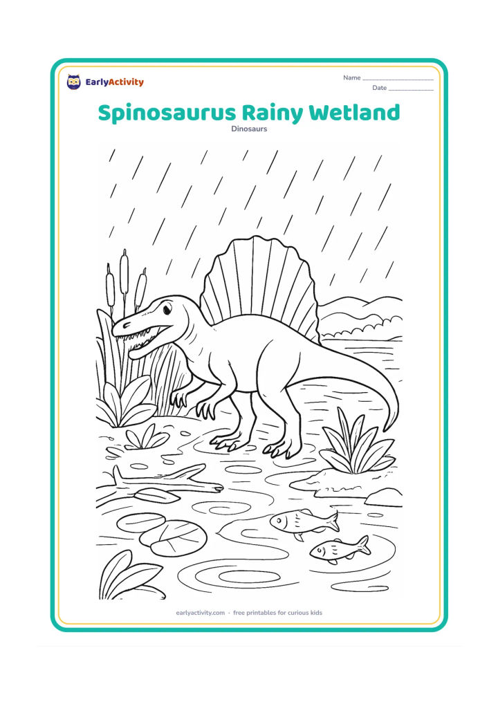 Colouring page: A Spinosaurus moves through a wetland during a gentle rain, with its sail rising behind a curtain of reeds. Include puddles, overlapping water rings, broad-leaved plants, a fallen…