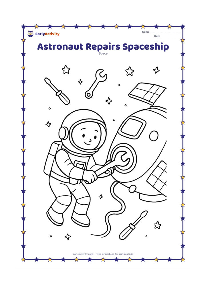 Colouring page: Show an astronaut outside a compact spacecraft, using a large tool to inspect a round engine panel. Include floating tools, a tether, two solar panels and scattered stars.