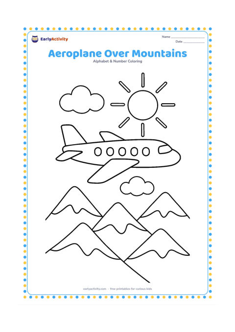 Colouring page: Draw an aeroplane flying above layered mountain peaks, with two clouds and a bright sun behind it. Show a few large windows but no airline markings or writing.