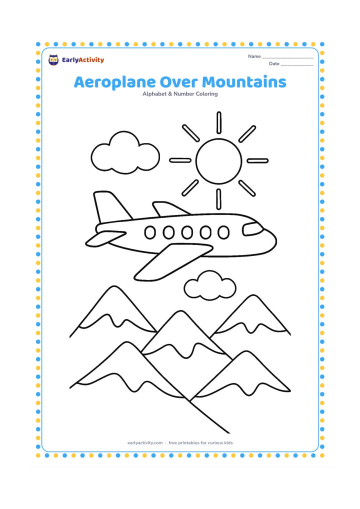 Colouring page: Draw an aeroplane flying above layered mountain peaks, with two clouds and a bright sun behind it. Show a few large windows but no airline markings or writing.