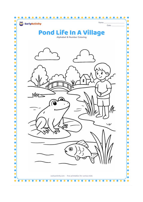 Colouring page: Draw a frog sitting on a lotus leaf beside a village pond, with a fish visible below the water, reeds, a small footbridge and distant trees. Add a child observing quietly from the bank.