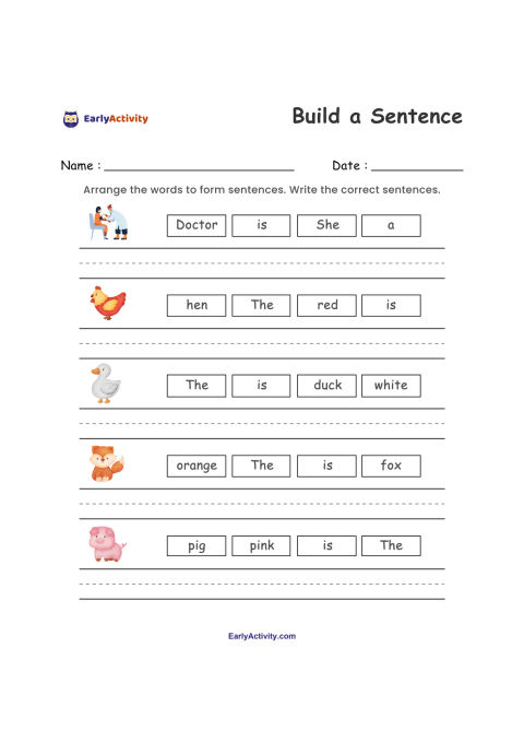 Worksheet with five picture prompts and mixed-up words about a doctor, hen, duck, fox, and pig. Children arrange and write sentences.
