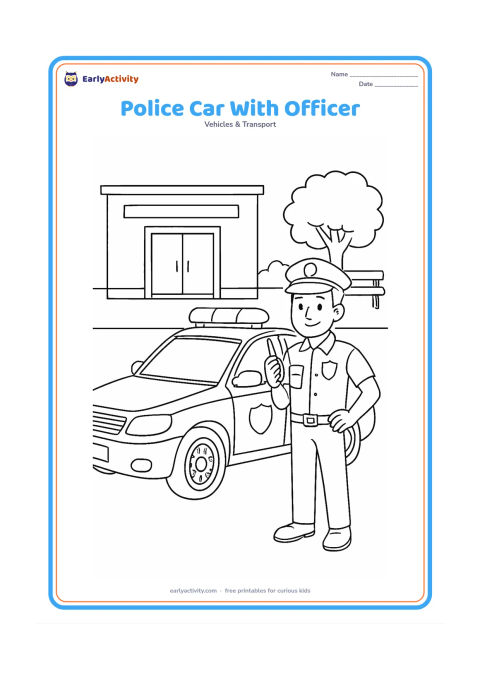 Colouring page: Draw a detailed police car parked outside a station while a friendly police officer stands beside it, holding a radio. Show the car's roof light, mirrors, handles, wheel hubs, headlights…