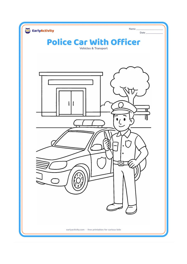 Colouring page: Draw a detailed police car parked outside a station while a friendly police officer stands beside it, holding a radio. Show the car's roof light, mirrors, handles, wheel hubs, headlights…