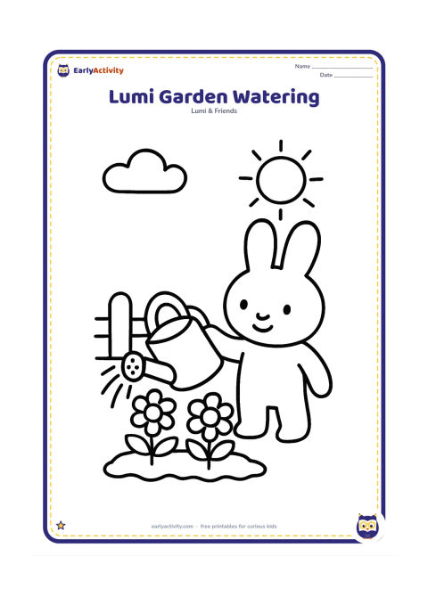 Colouring page: Lumi tips a large watering can toward two flowering plants in a small garden bed. Add a low fence, a cloud and a simple sun, keeping the scene spacious.