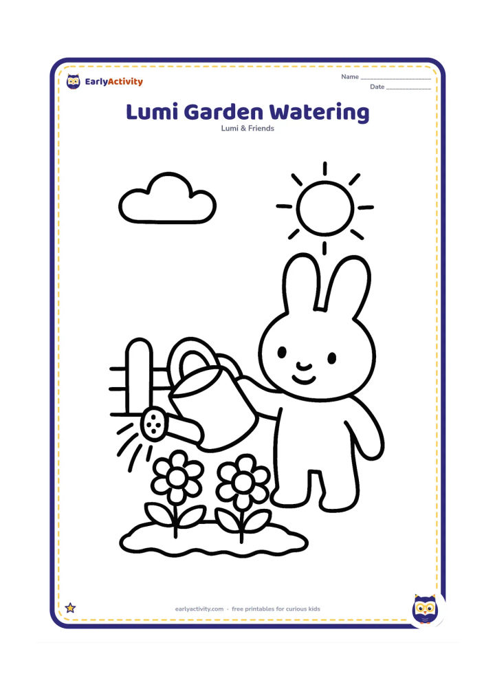 Colouring page: Lumi tips a large watering can toward two flowering plants in a small garden bed. Add a low fence, a cloud and a simple sun, keeping the scene spacious.