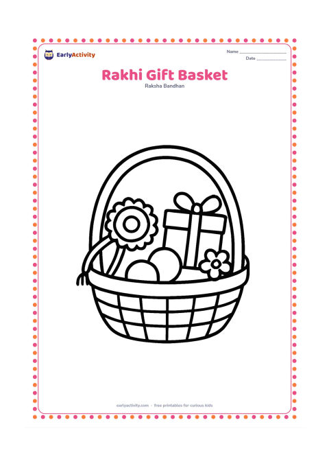 Colouring page: A woven basket holds one large rakhi, a wrapped gift, two round sweets and a small flower. Arrange the objects with plenty of open space and no patterns that resemble writing.
