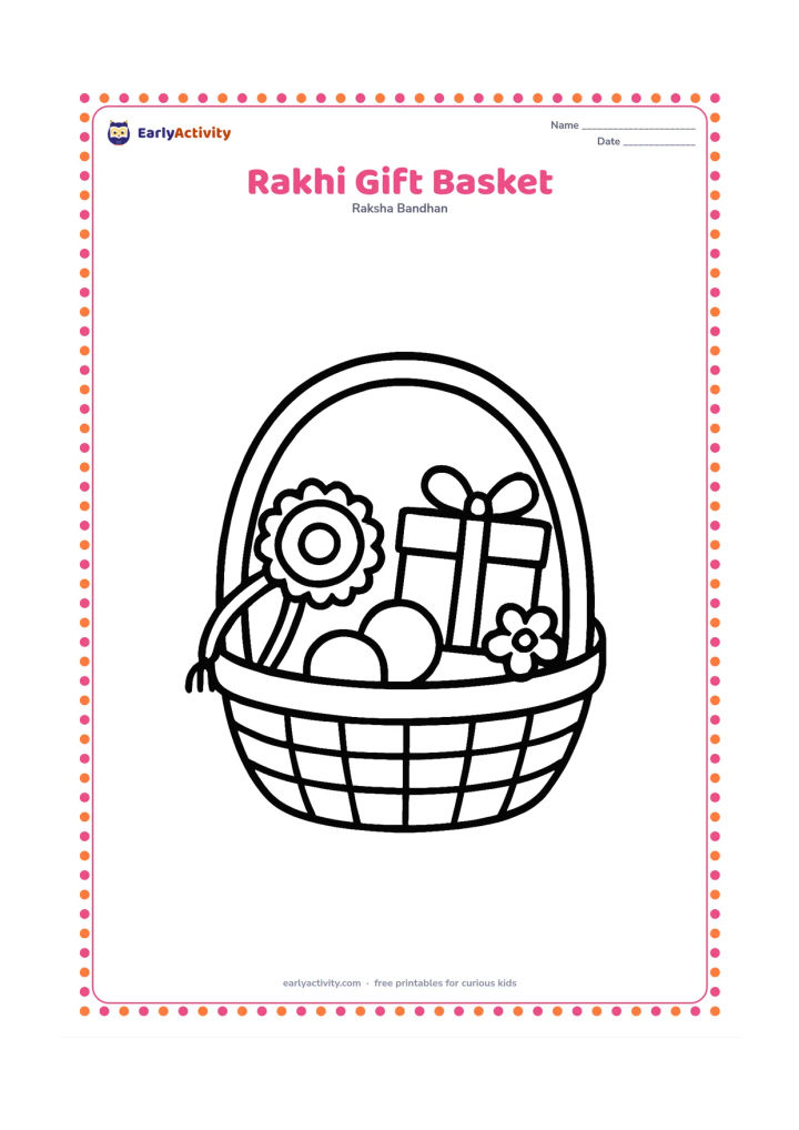 Colouring page: A woven basket holds one large rakhi, a wrapped gift, two round sweets and a small flower. Arrange the objects with plenty of open space and no patterns that resemble writing.