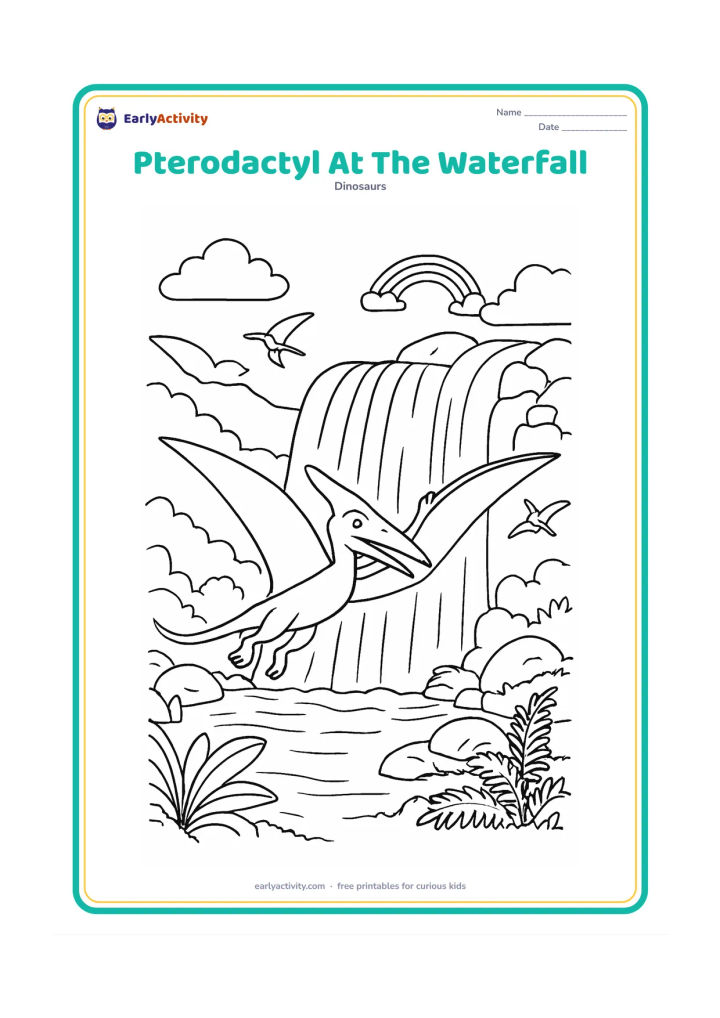 Colouring page: Draw a pterodactyl flying beside a wide waterfall into a pool, with mossy rocks, ferns, a small rainbow and a second pterodactyl far behind.
