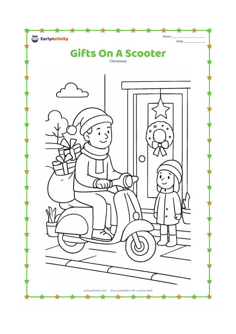 Colouring page: An adult carefully rides a scooter with a large sack of wrapped Christmas gifts secured behind the seat, while a child waits beside a decorated doorway. Add potted plants, a hanging…