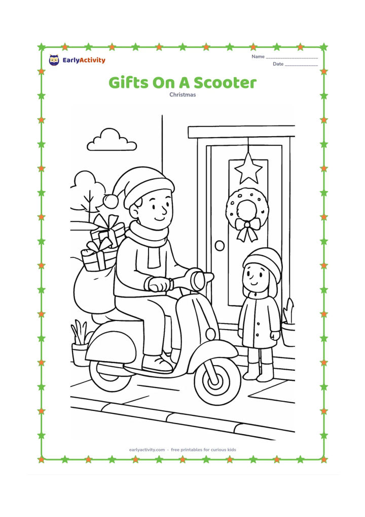 Colouring page: An adult carefully rides a scooter with a large sack of wrapped Christmas gifts secured behind the seat, while a child waits beside a decorated doorway. Add potted plants, a hanging…