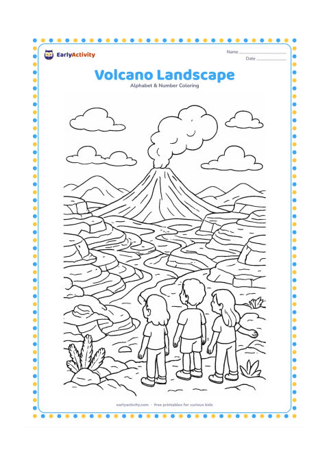 Colouring page: Draw a wide volcanic landscape with a gently smoking volcano, winding paths, layered rocks, hardy plants, and a small group of children observing from a safe viewpoint. Add distant…