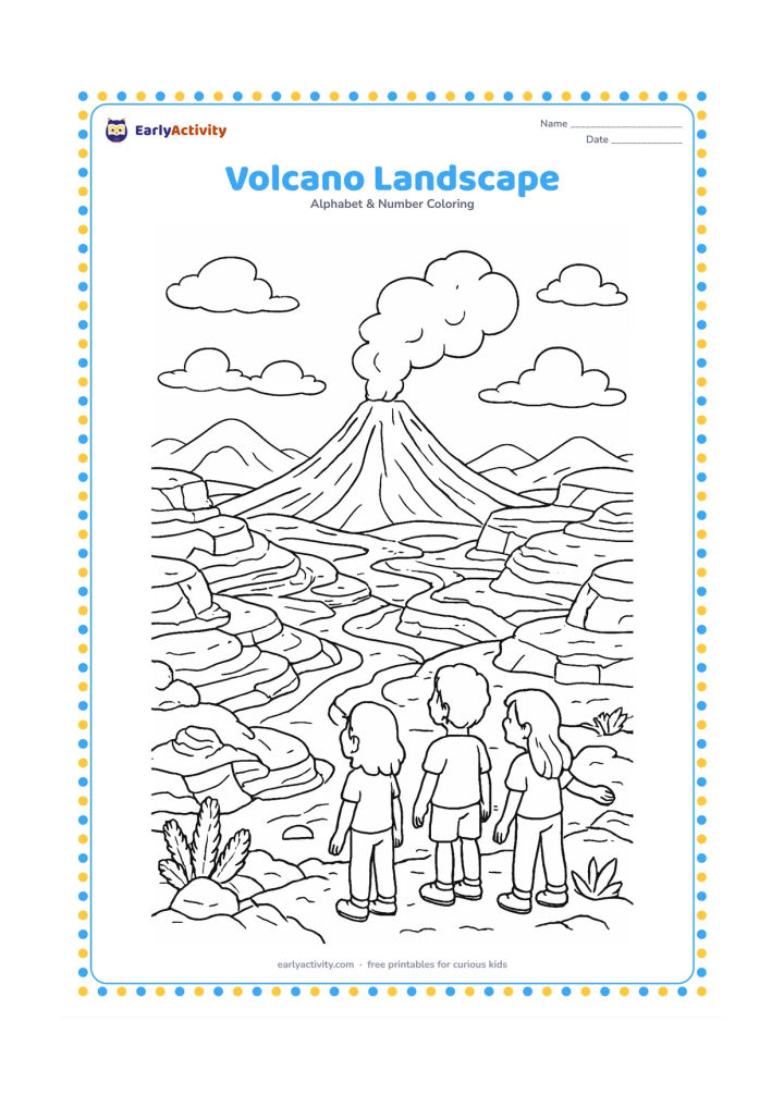 Colouring page: Draw a wide volcanic landscape with a gently smoking volcano, winding paths, layered rocks, hardy plants, and a small group of children observing from a safe viewpoint. Add distant…