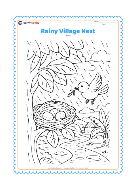 Colouring page: A sheltered nest with eggs sits beneath broad tree leaves during monsoon rain, while a parent bird brings a twig. Include a village path, distant tiled roof, puddles, banana leaves and…