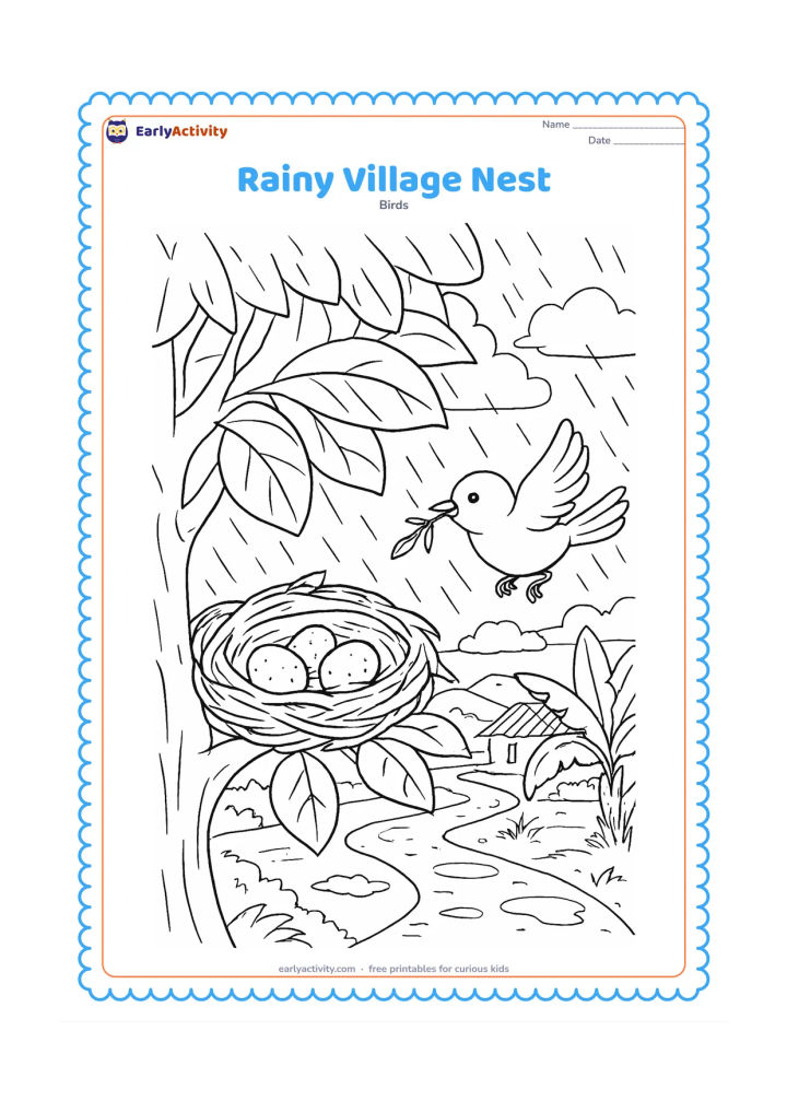 Colouring page: A sheltered nest with eggs sits beneath broad tree leaves during monsoon rain, while a parent bird brings a twig. Include a village path, distant tiled roof, puddles, banana leaves and…