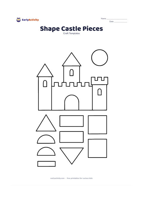 Worksheet: Create a castle craft layout with separate rectangles, squares, triangles, semicircles and diamonds for towers, walls, roofs, windows and a drawbridge. Show a completed simple castle…