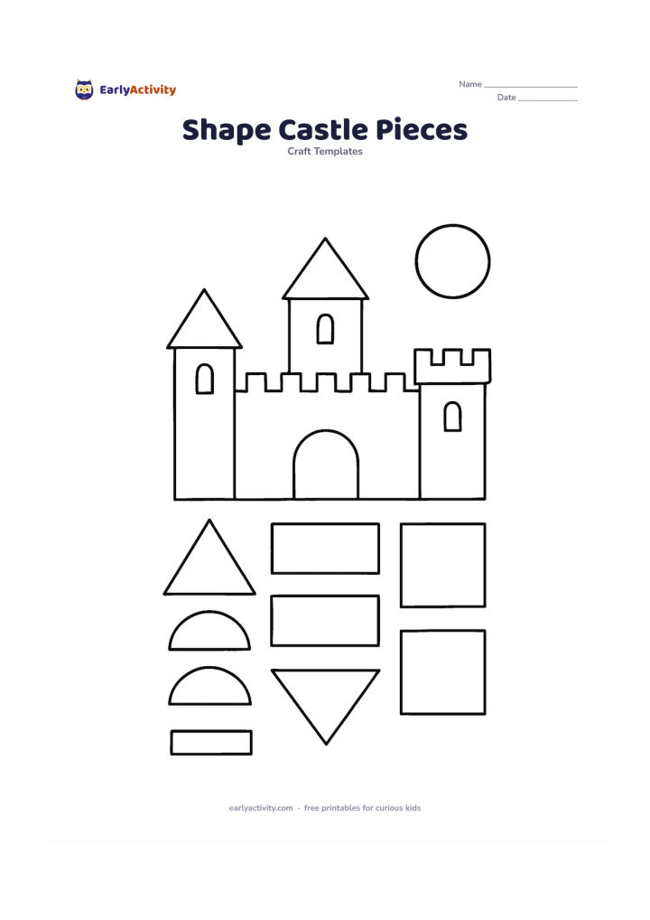 Worksheet: Create a castle craft layout with separate rectangles, squares, triangles, semicircles and diamonds for towers, walls, roofs, windows and a drawbridge. Show a completed simple castle…