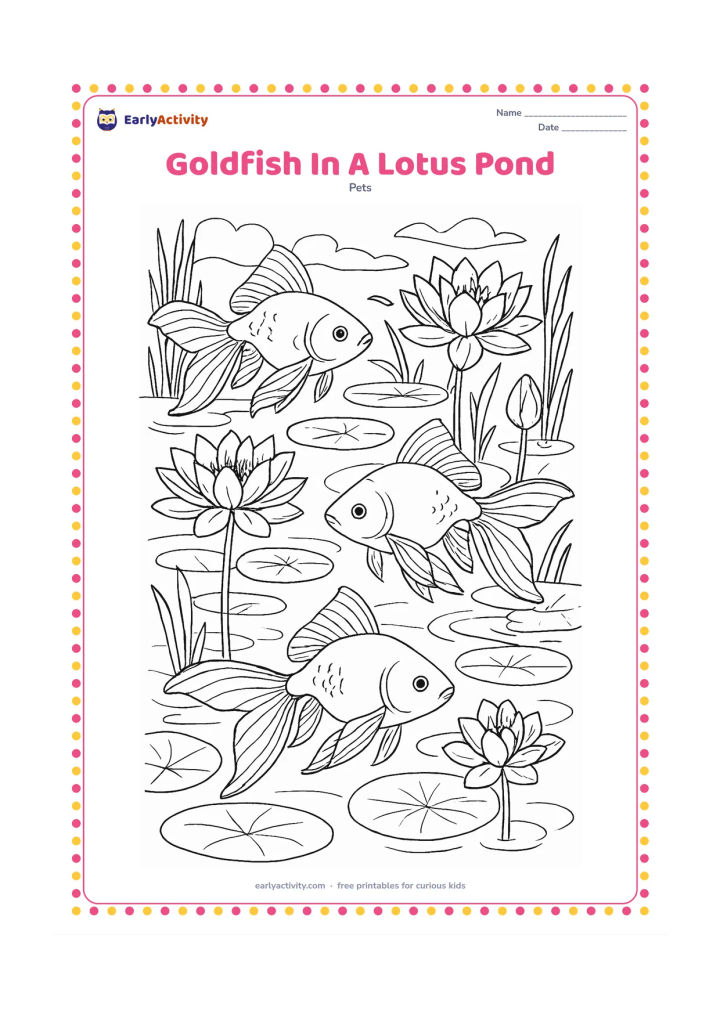 Colouring page: Draw several goldfish moving through an Indian lotus pond with layered lotus leaves, open blossoms, stems, ripples, reeds and reflected foliage. Show varied fish poses and detailed…