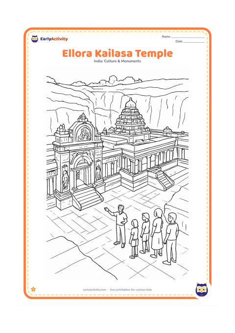 Colouring page: Show the Kailasa Temple at Ellora from an elevated courtyard view, including its carved gateway, central shrine, pillared galleries, stairways and surrounding rock walls. Visitors walk…