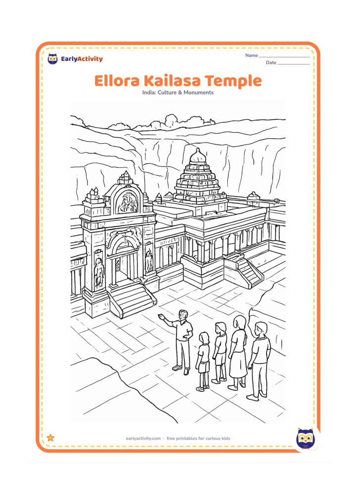 Colouring page: Show the Kailasa Temple at Ellora from an elevated courtyard view, including its carved gateway, central shrine, pillared galleries, stairways and surrounding rock walls. Visitors walk…