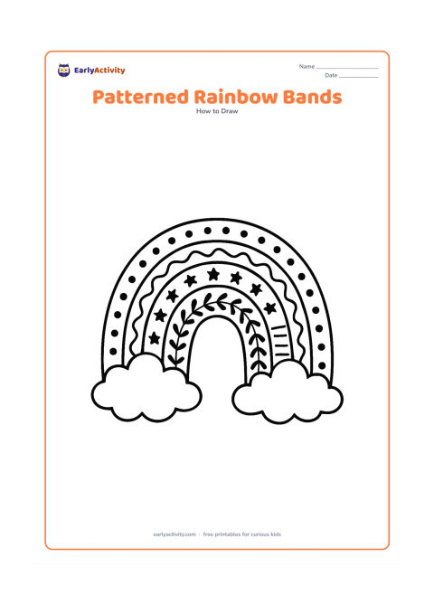 Worksheet: A large rainbow has six separate bands, each containing a different repeating pattern such as dots, waves, stars, leaves, short stripes and scallops. Place two simple clouds at the ends…