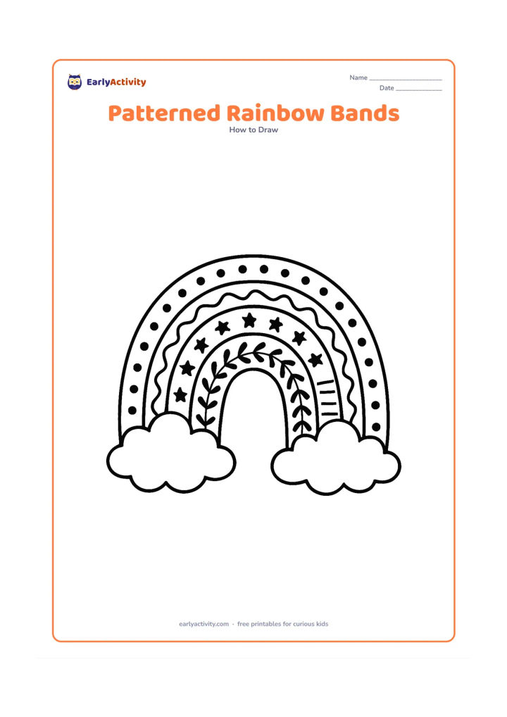 Worksheet: A large rainbow has six separate bands, each containing a different repeating pattern such as dots, waves, stars, leaves, short stripes and scallops. Place two simple clouds at the ends…