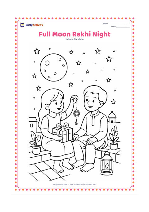 Colouring page: Two siblings sit on a rooftop at night after exchanging a rakhi and gift, with a full moon, stars, potted plants, a lantern, and distant Indian rooftops behind them. One sibling gently…