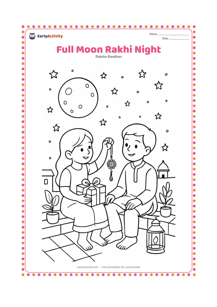 Colouring page: Two siblings sit on a rooftop at night after exchanging a rakhi and gift, with a full moon, stars, potted plants, a lantern, and distant Indian rooftops behind them. One sibling gently…