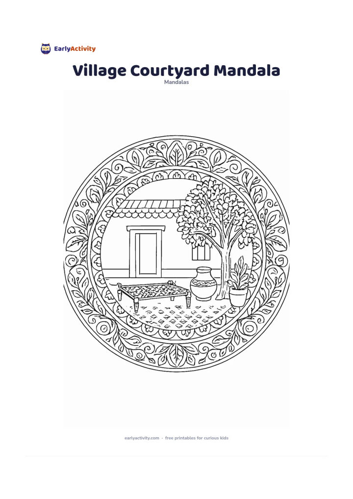 Colouring page: Create a circular mandala centred on a quiet Indian village courtyard with a low house entrance, a charpai, a clay pot, potted plants, and a tree. Surround the scene with balanced vines,…