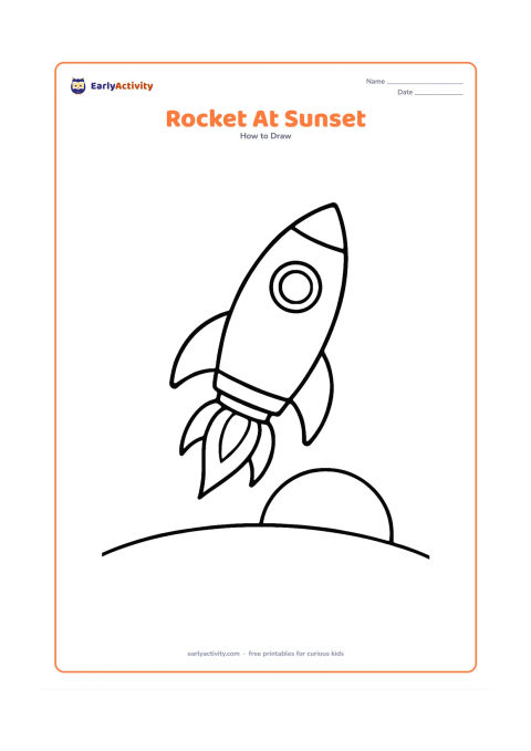 Worksheet: A large side-view rocket lifts above a low curved horizon during sunset, with a round window, two fins, three flame curves and a large setting sun. Use broad shapes and no words or numbers.