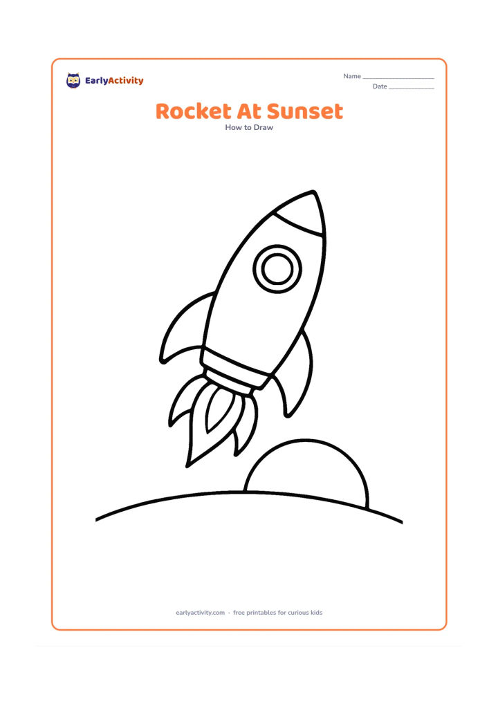 Worksheet: A large side-view rocket lifts above a low curved horizon during sunset, with a round window, two fins, three flame curves and a large setting sun. Use broad shapes and no words or numbers.