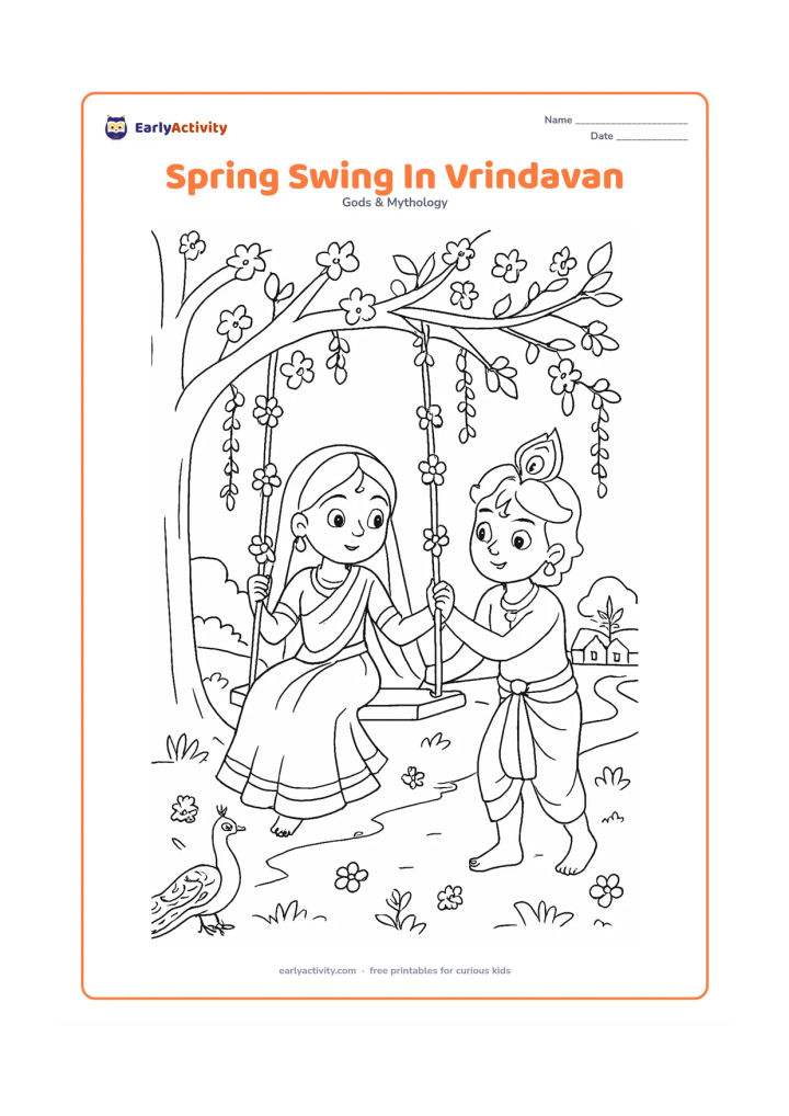 Colouring page: Draw Radha seated on a flower-decorated swing beneath a tree while Krishna gently pushes it. Include hanging vines, spring blossoms, a peacock, and a small village path.