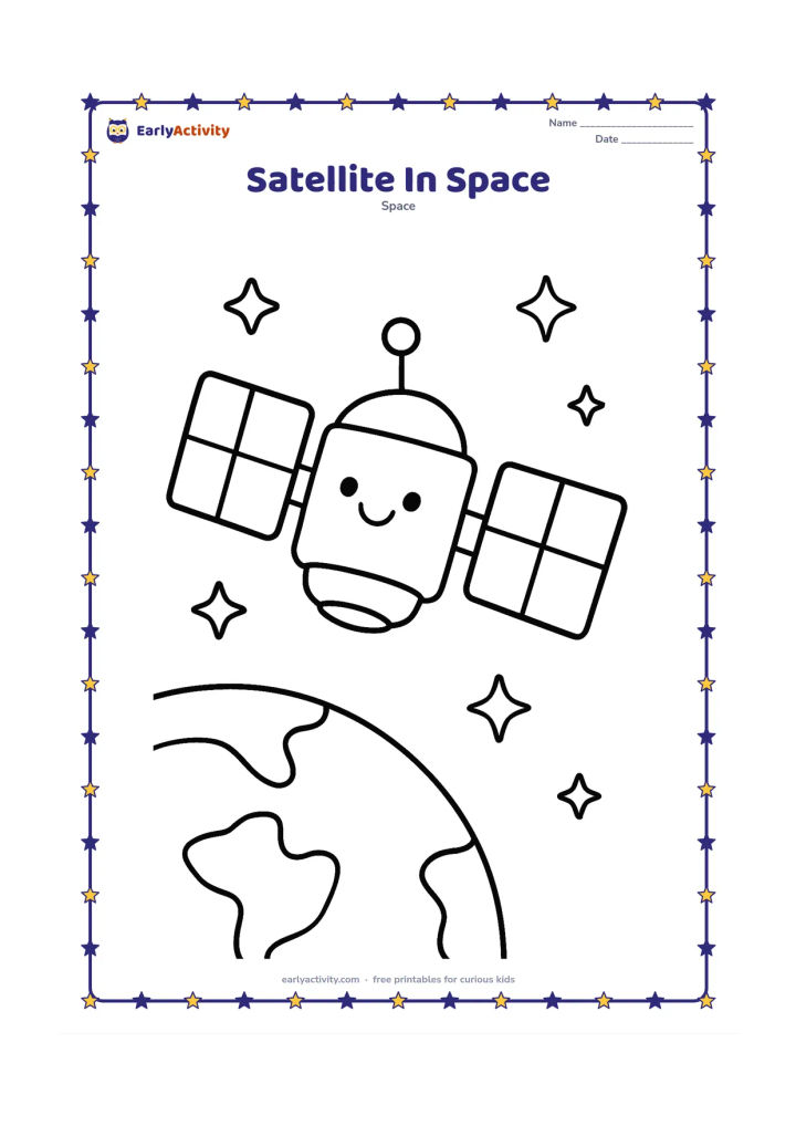Colouring page: Show a friendly-looking artificial satellite with two large panels travelling through open space, with Earth as a big curved shape in one corner and a few stars around it. The satellite…