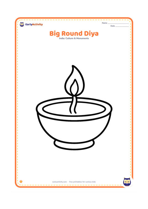 Colouring page: A single large round clay diya with a simple curved rim, a short wick and a small flame, centered on the page with plenty of open space around it.