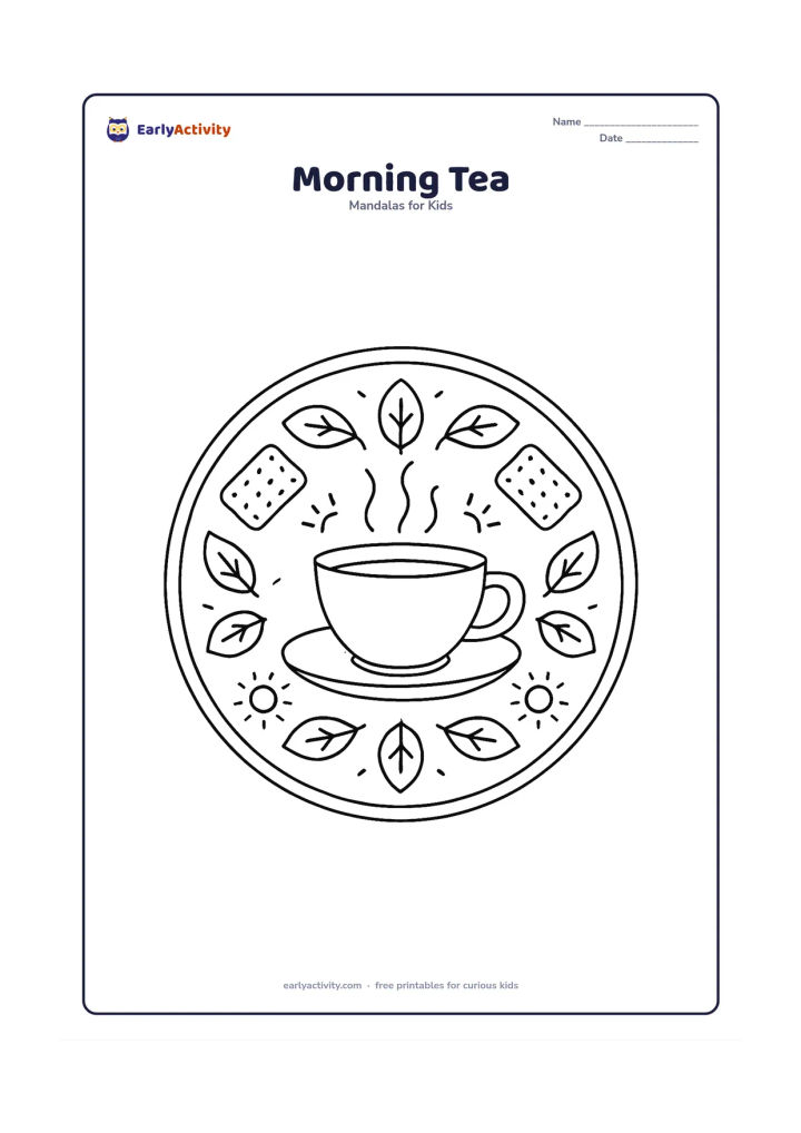 Colouring page: A circular mandala showing a simple cup and saucer at the centre, surrounded by repeated tea leaves, rising steam curves, biscuits and small sun rays. Keep the everyday Indian breakfast…